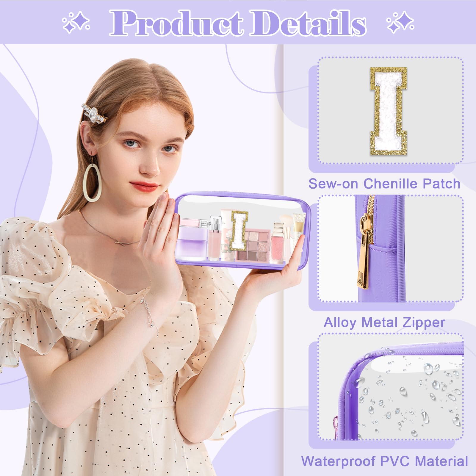 UIXIZQ Personalized Initial Letter Clear Makeup Bag,Preppy Small Nylon&PVC Cosmetic Zipper Bag with Chenille Letter,Travel Skincare Toiletry Bag,Monogram Christmas Gift for Teen Girls Women,I