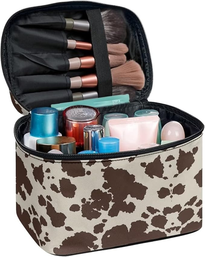 Drydeepin Cute Brown Cow Cowhide Design Travel Makeup Bags for Women and Portable Tote Cosmetic Case with Carry Handle Toiletry Accessories Storage Organizer Bags