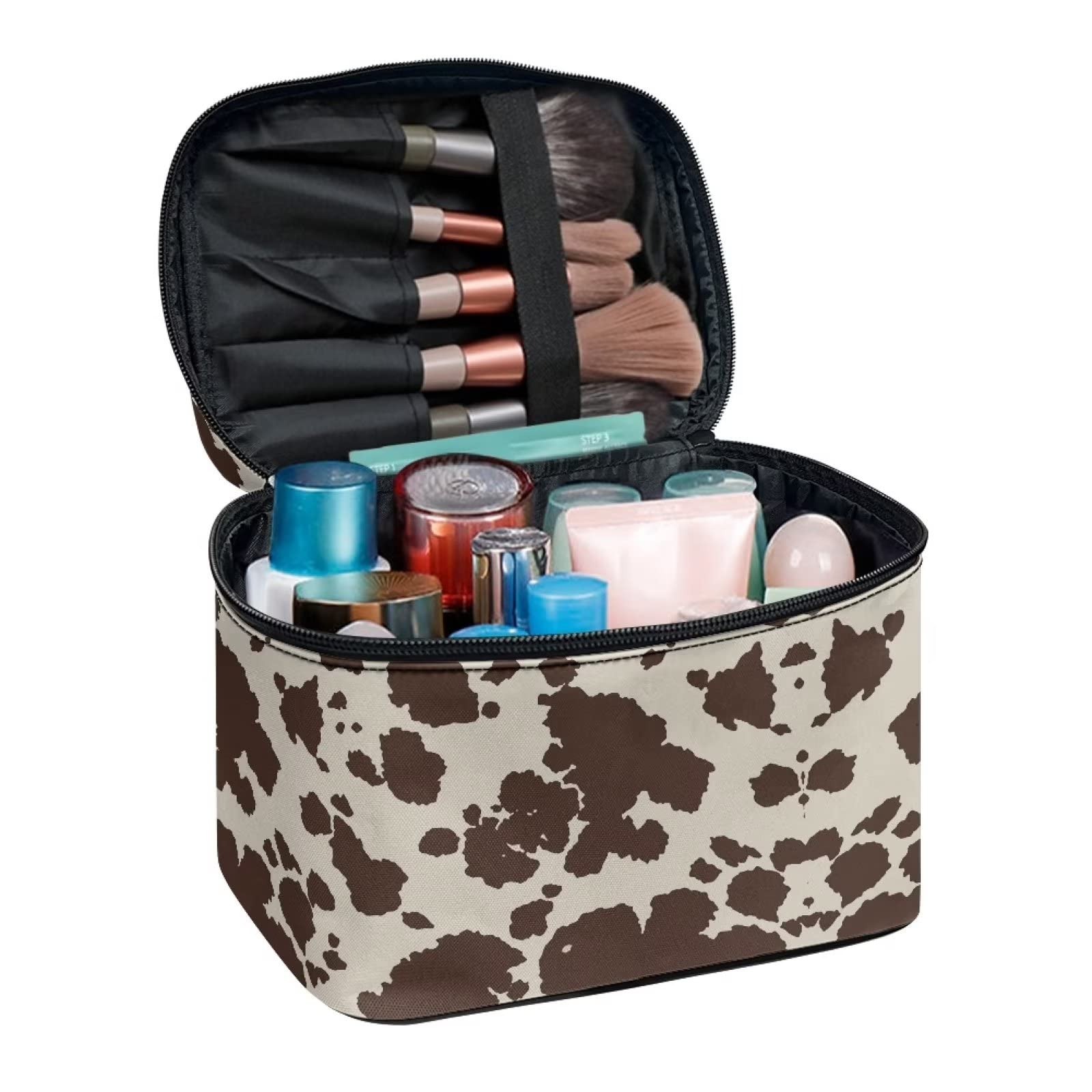 Drydeepin Cute Brown Cow Cowhide Design Travel Makeup Bags for Women and Portable Tote Cosmetic Case with Carry Handle Toiletry Accessories Storage Organizer Bags