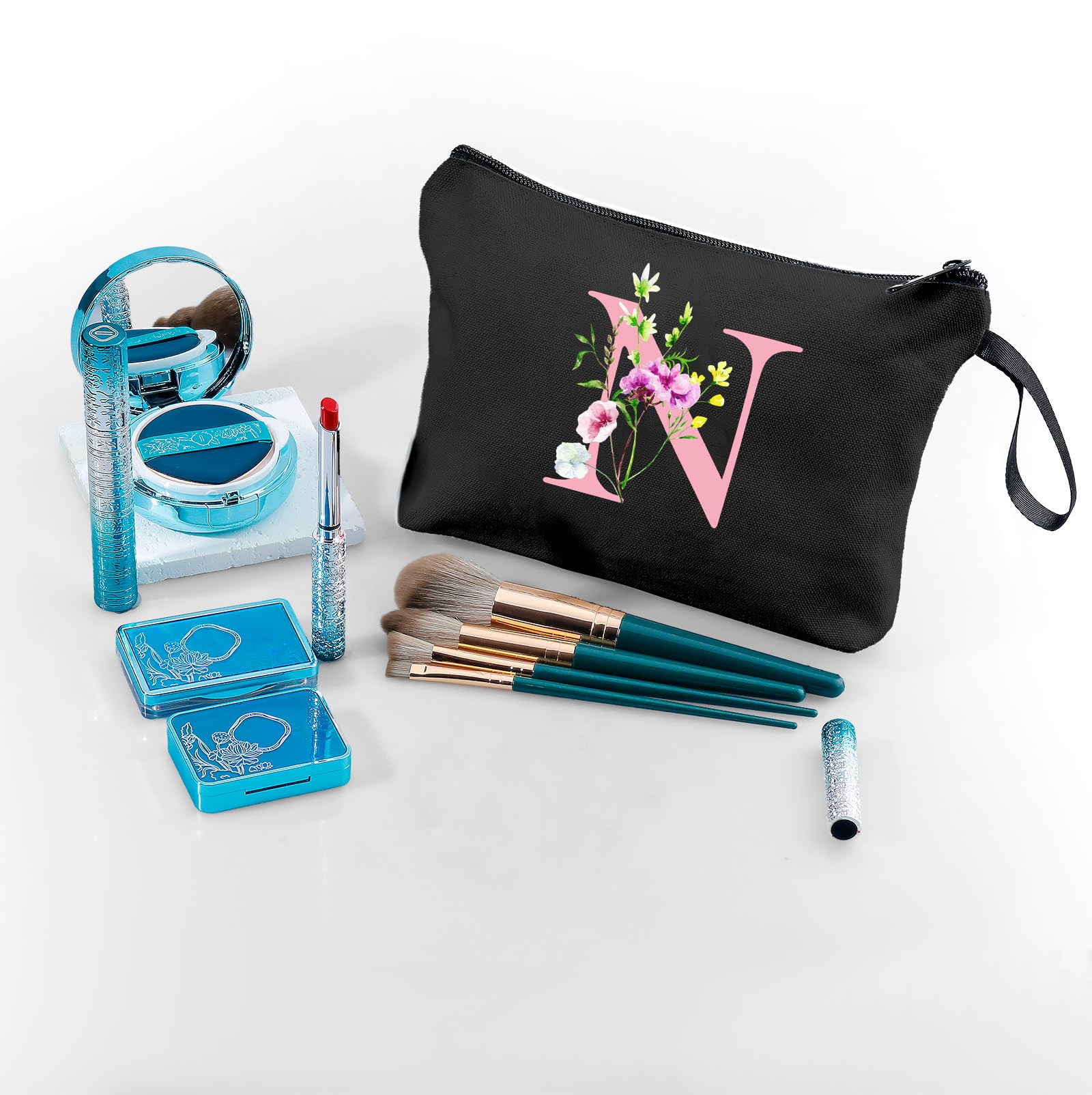 SEAMOON A-Z Personalized Gifts for Women, Small Makeup Bag with Mirror, N