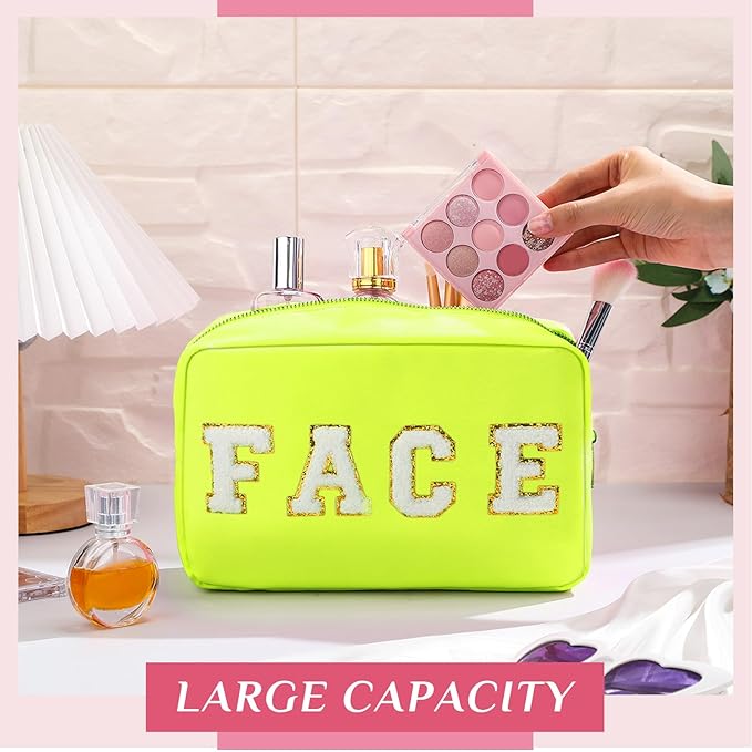 Remerry 4 Pcs Nylon Makeup Bags Waterproof Spacious Travel Cosmetic Bag for Women Chenille Letter Preppy Zipper Pouch Face Stuff Skin Hair Organizer Gift(Fluorescent Colors)
