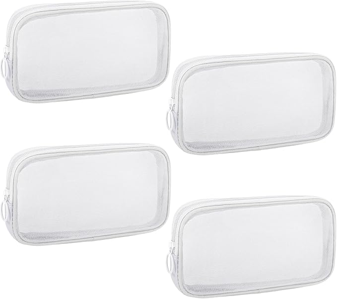 Sinzip 4 Pieces Mini Zipper Nylon Mesh Pouch, Mesh Cosmetic Bags Makeup Bags, Multipurpose Travel Toiletry Bags for Office Supplies and Travel Accessories (White, M)