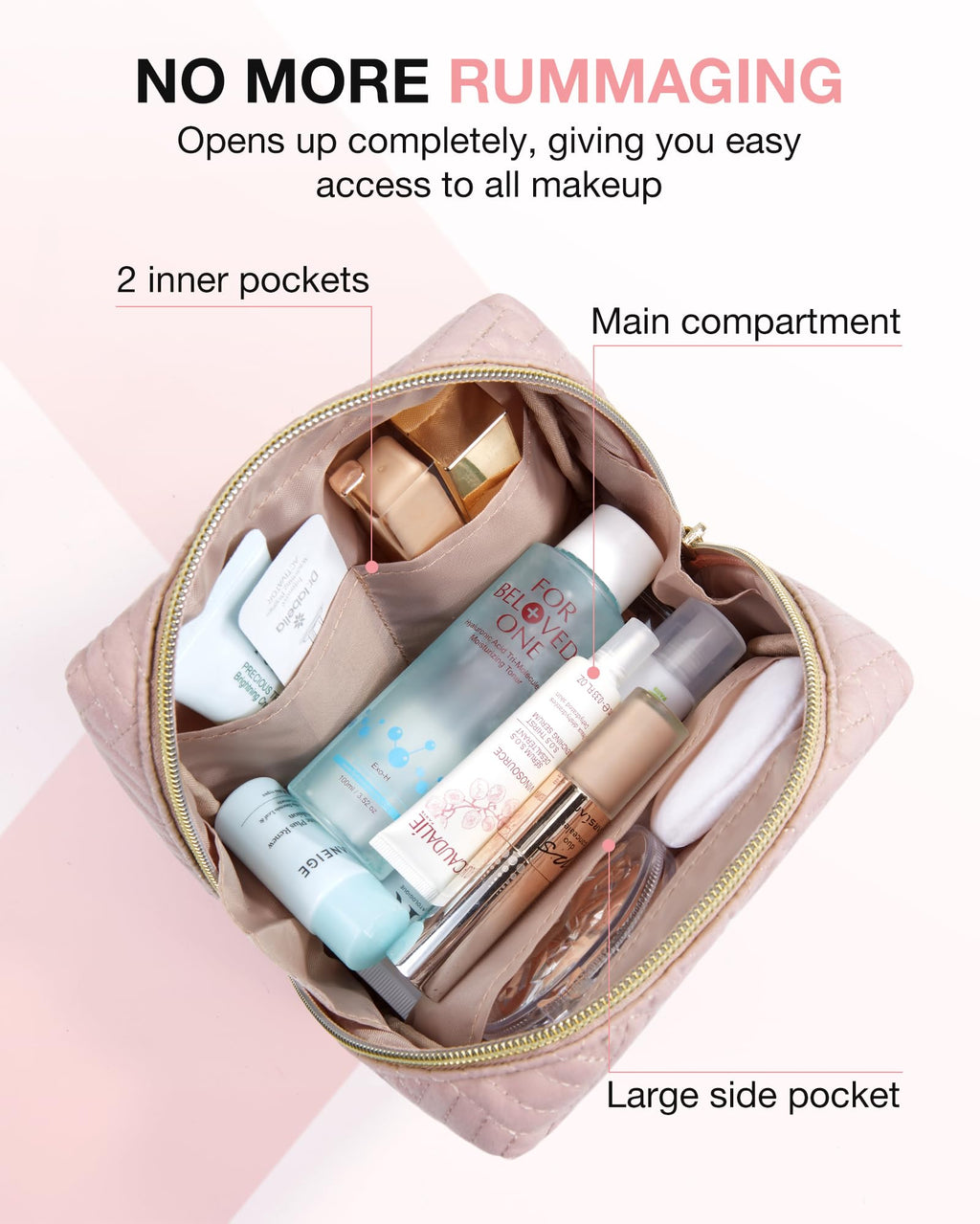 BAGSMART Small Makeup Bag, Compact Cosmetic Pouch for Women for Purse, Travel Toiletry Organizer with Wide Open Design, Pink