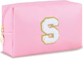 URSKYTOUS Patch Makeup Bag Travel Small Cosmetic Bag Pink PU Makeup Pouch Zippered Personalized Preppy Initial Skin Care Stuff Bag for Women Birthday Gift Teen Girl Gifts Trendy Stuff(S)