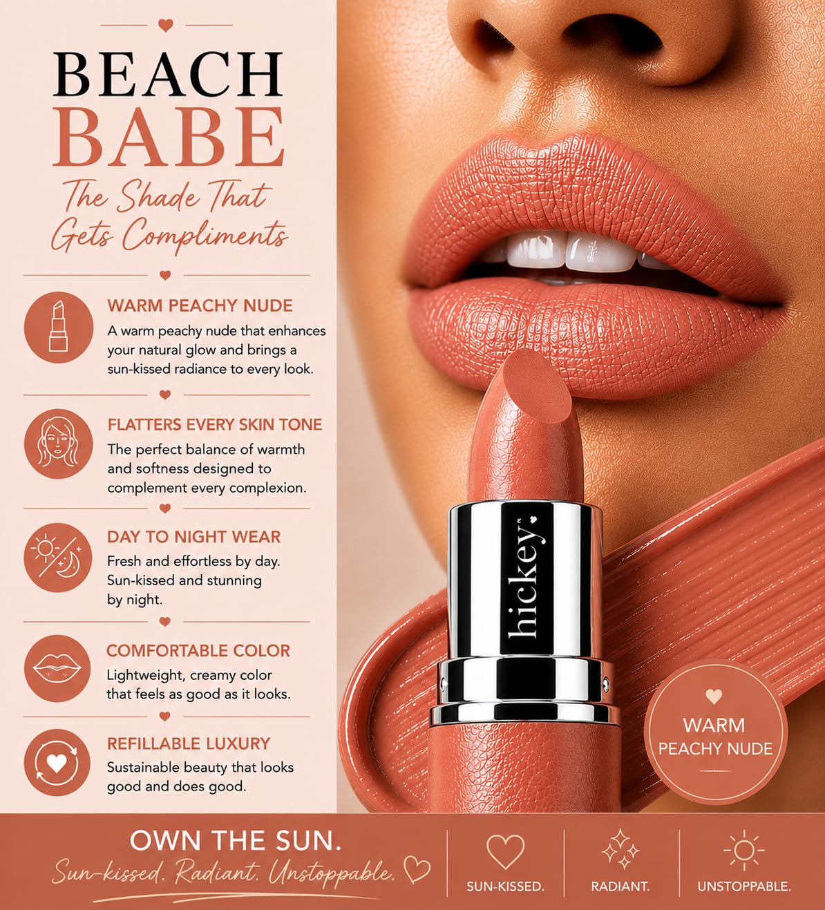 Hickey Lipstick Refill – Beach Babe (Coral), Hydrating Jojoba Oil, Vegan