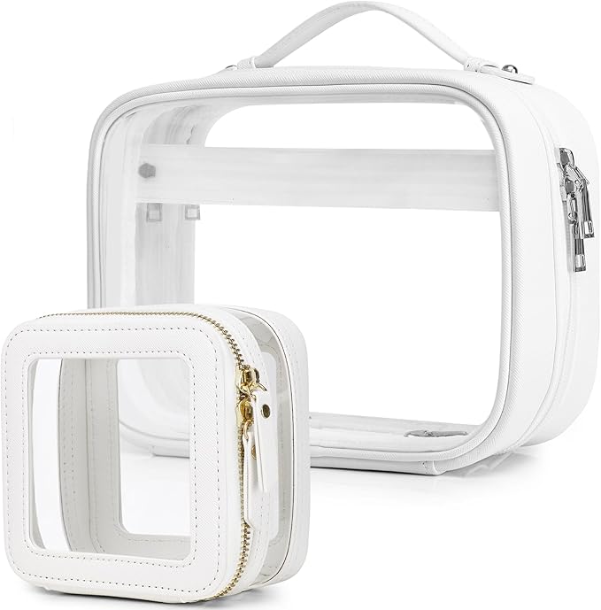 Pinkmik Travel Makeup Bag Set Portable Clear Cosmetic & Toiletry Case Women's Purse Organizer and Car Essentials with Zipper (White, L+MINI)