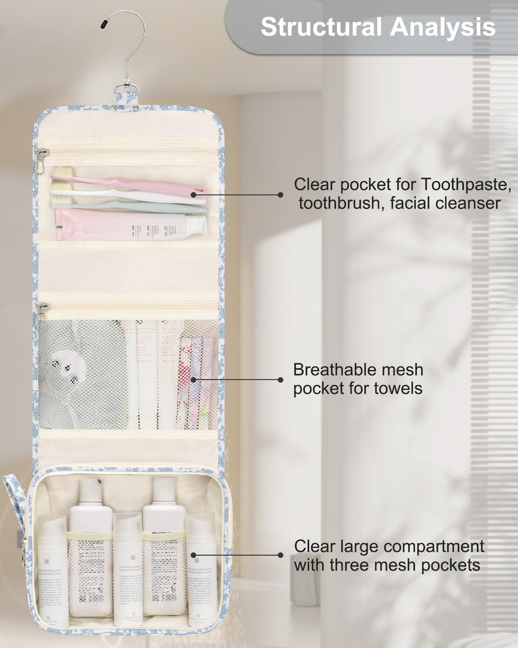 Relavel Small Hanging Toiletry Bag for Women, Floral Hanging Organizer