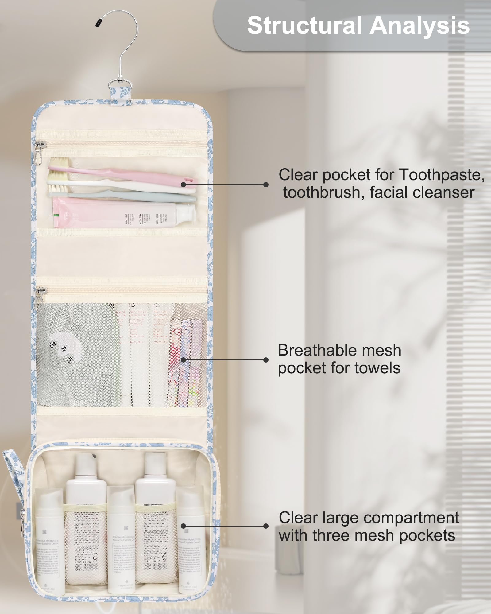 Relavel Small Hanging Toiletry Bag for Women, Floral Hanging Organizer