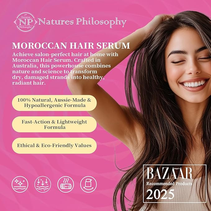 NP NATURES PHILOSOPHY Moroccan Argan Hair Oil, Leave In Hair Serum Anti Frizz Heat Protectant Oil for Curly Color Treated Damaged Hair, Vegan Split End Repair Hair Finishing Oil 1.69 Fl oz