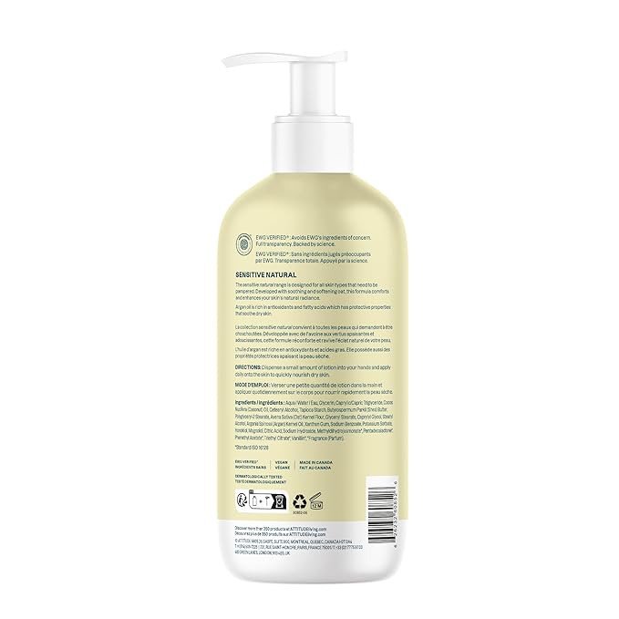 ATTITUDE Sensitive Skin Body Lotion, Soothing Oat Formula, Hydrating Care for Dry Skin, EWG Verified, Dermatologically Tested, Vegan, Vanilla Cream Scent, 16 Fl Oz