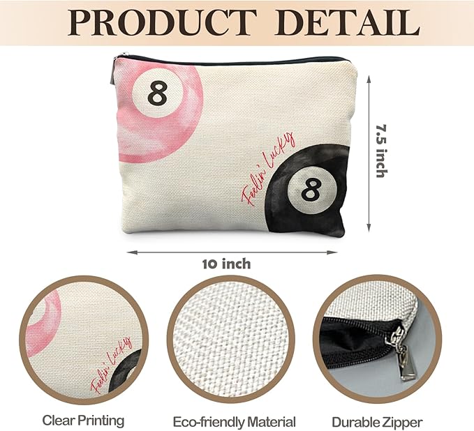 Likjad Retro Pink and Black Lucky 8 Ball Makeup Bag, Funky Preppy Cosmetic Bags for Women, Preppy Stuff Makeup Pouch, Feeling Lucky Zipper Pouch