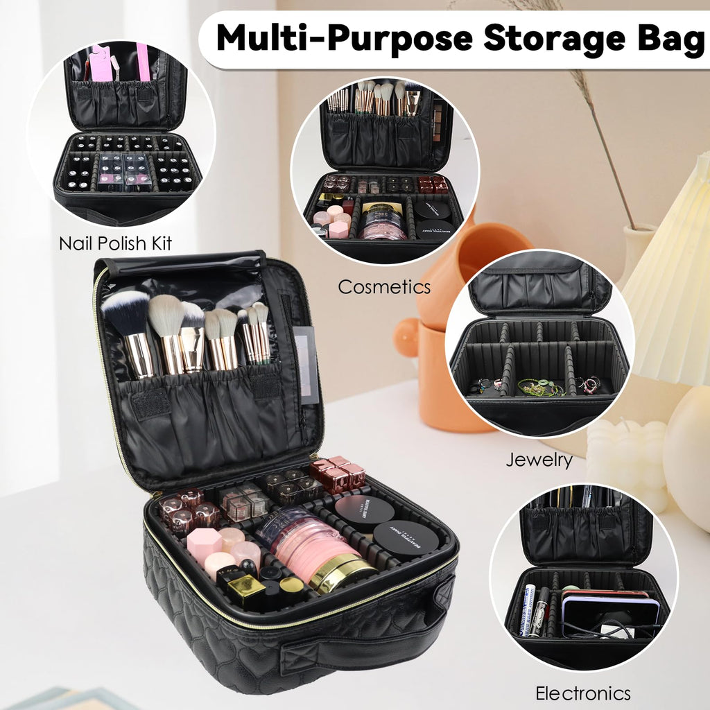 SLUMAZI Travel Makeup Bag Makeup Cosmetic Train Case Organizer Portable Storage Bag with Adjustable Dividers for Cosmetics Makeup Brushes Toiletry Jewelry Heart Pattern