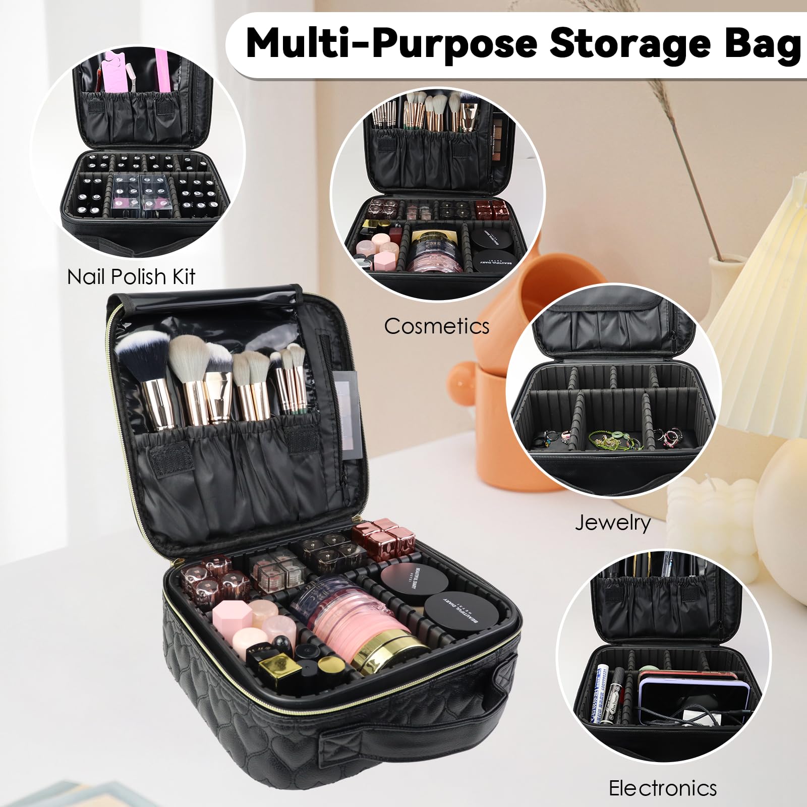 SLUMAZI Travel Makeup Bag Makeup Cosmetic Train Case Organizer Portable Storage Bag with Adjustable Dividers for Cosmetics Makeup Brushes Toiletry Jewelry Heart Pattern