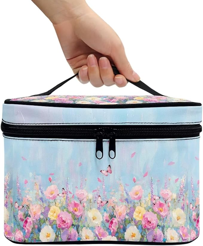 Drydeepin Butterfly Vibrant Rose Floral Print Travel Makeup Bags for Women Portable Tote Cosmetic Case with Carry Handle Toiletry Accessories Storage Organizer Bags