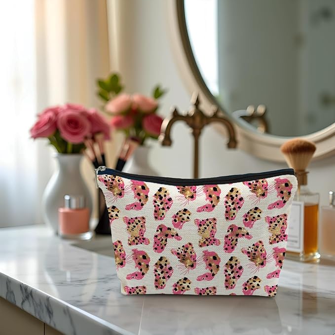 SAFDSGFDB Pink and Gold Cheetah Makeup Bag, Preppy Girly Leopard Print Cosmetic Bags Gifts for Women, Funky Y2k Cheetah Portable Travel Toiletry Bag Zipper Makeup Pouch