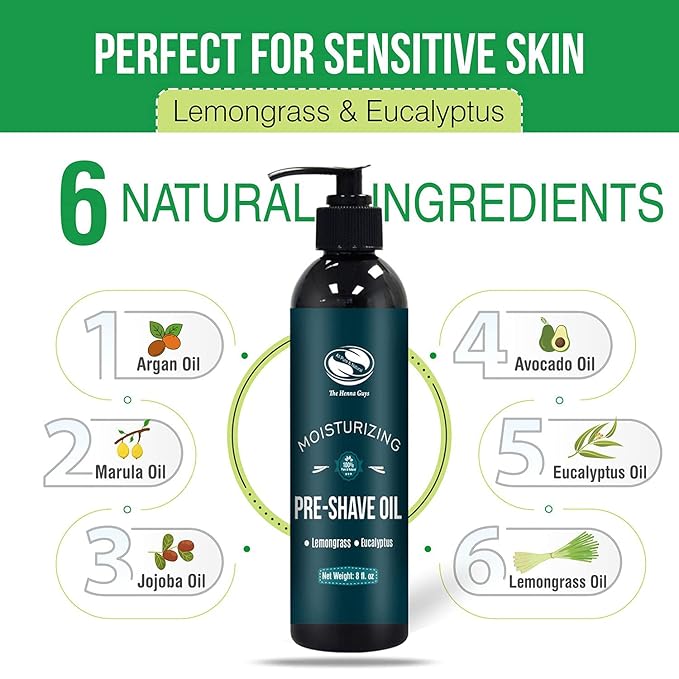 The Henna Guys 8 fl. Oz, Pre Shave Oil for Men, Excellent Shaving oil for Men with Sensitive Skin, Prepares for a burns free Shave, Works with Straight or Safety Razor (Lemongrass & Eucalyptus)