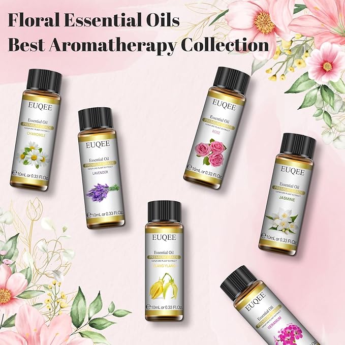 EUQEE 6 Pcs Pure Essential Oils Set, Floral Scent Kit for Diffuser