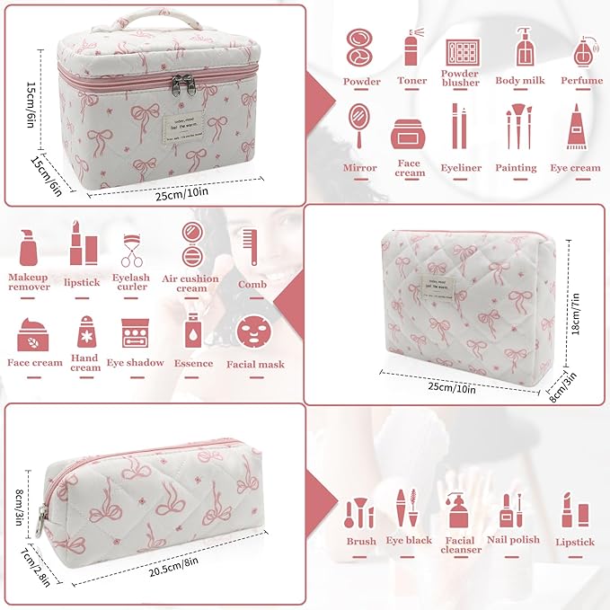 Gosect Quilted Makeup Bag Set, 3pc Large Floral Cosmetic Bag for Women, Cute Cotton Makeup Bags, Flower Travel Toiletry Organizer Bag (White Pink Small Bow)