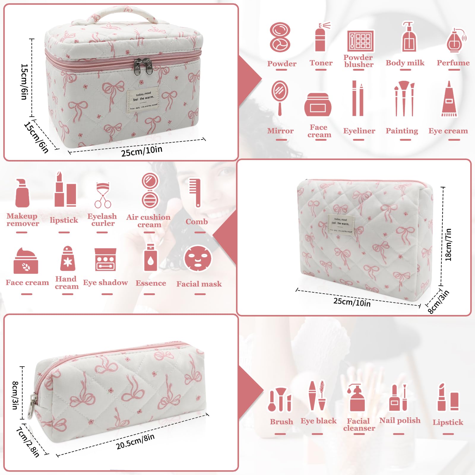 Gosect Quilted Makeup Bag Set, 3pc Large Floral Cosmetic Bag for Women, Cute Cotton Makeup Bags, Flower Travel Toiletry Organizer Bag (White Pink Small Bow)