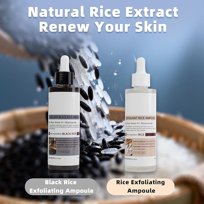 2 PCS Peel Shot Glow Rice Ampoule Duo Black Rice Exfoliant&White Rice Exfoliant Gentle Facial Body Exfoliant for All Skin Types Rice Peeling Shot to Brighten Smooth Rice Exfoliant 2.7 Fl oz/80ml each