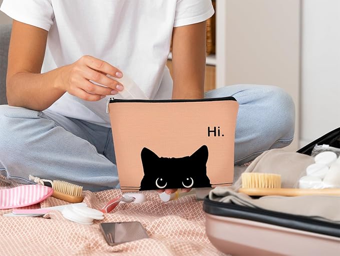 BARPERY Cat Makeup Bag, Cute Makeup Bag, Cat Gifts for Cat Lovers Women, Black Cat Gifts, Hi Black Cat Kitty Cosmetic Bag, Cat Makeup Pouch, Cat Stuff for Cat Lovers (Camel-2)