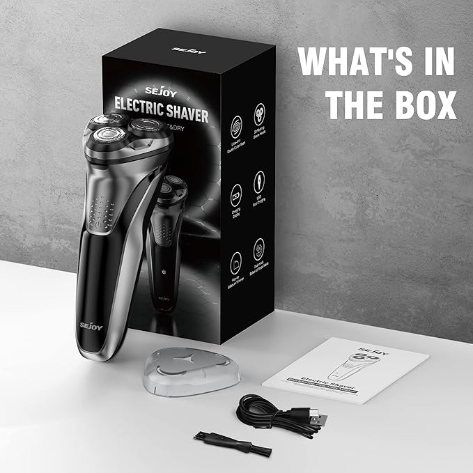 Sejoy Men's Electric Shaver, Men's Shaver, Men's Beard Shaver, Wireless Electric Shavers, IPX7 Waterproof, with Pop-Up Trimmer, 80,000 Power: 1 Hour Fast Charging-3D Floating Head, Black