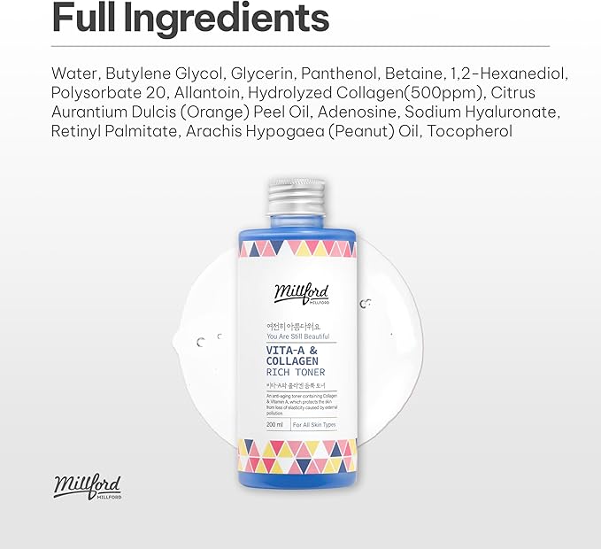 Millford Vita A & Collagen Rich Toner 200ml/6.76 fl.oz - Anti-Aging Retinol Face Toner with Marine Collagen & Panthenol for Fine Lines, Wrinkles, Elasticity & Deep Hydration, Korean Skincare