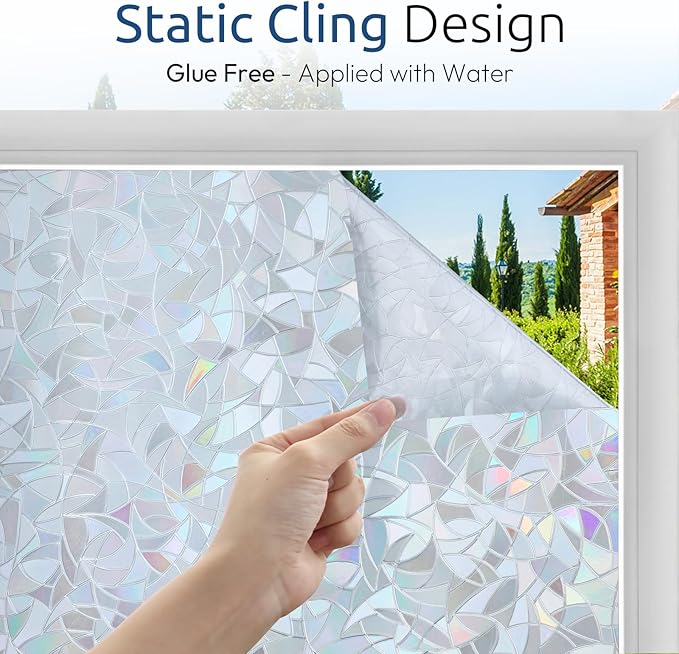 rabbitgoo Window Privacy Film Rainbow Film Decorative Window Sticker, 3D Static Stained Glass Cling Tint for Home Heat Control Non-Adhesive, Grayish Silver, 11.8 x 78.7 inches