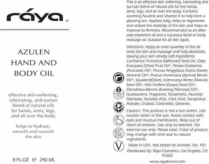 Raya Azulen Hand and Body Oil 16 oz (451) | Softening and Natural Blend of Oils for Hands, Arms, Legs, and Body | Great as a Body Massage Oil | Great for All Skin