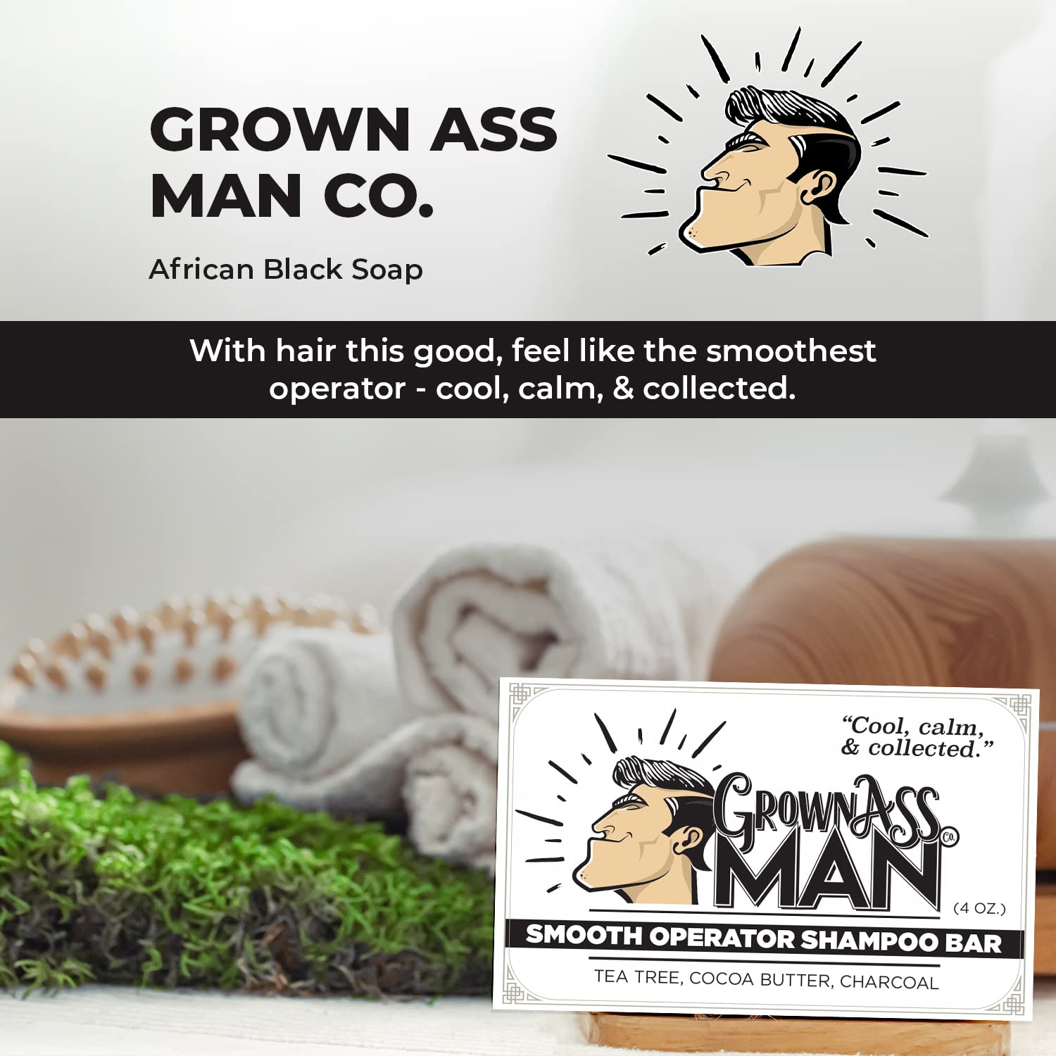 Grown Ass Man Co. - Solid Shampoo Bar Rich Lather 3 in 1: Hair, Beard & Body Wash - Plastic Free & Eco-Friendly, Natural & Organic Clean for All Hair Types, 4oz Bar (Smooth Operator, Single)
