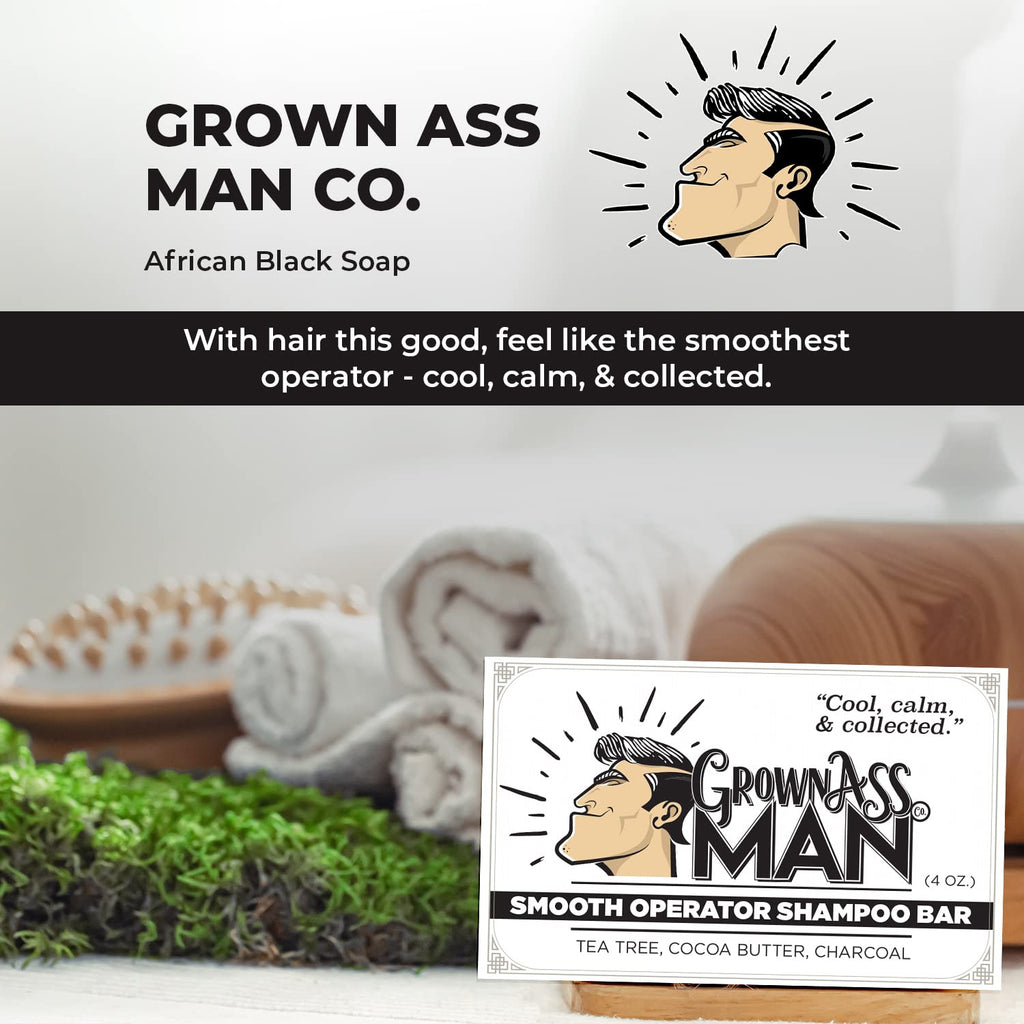 Grown Ass Man Co. - Solid Shampoo Bar Rich Lather 3 in 1: Hair, Beard & Body Wash - Plastic Free & Eco-Friendly, Natural & Organic Clean for All Hair Types, 4oz Bar (Smooth Operator, Single)