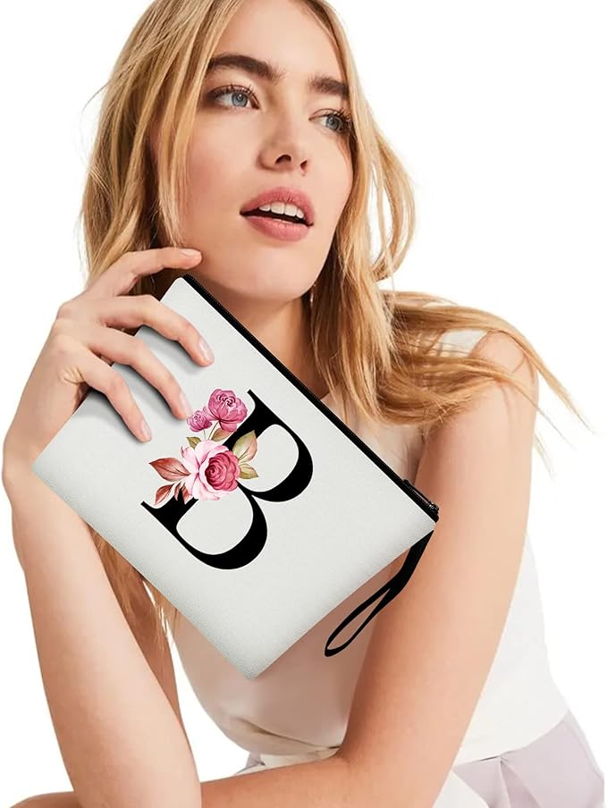 Vavabox A-Z Personalized Makeup Bag, Birthday Gifts for Women Mom, Gifts for Best Friend, Bride Bridesmaid Cosmetic bag (B, 01-White)