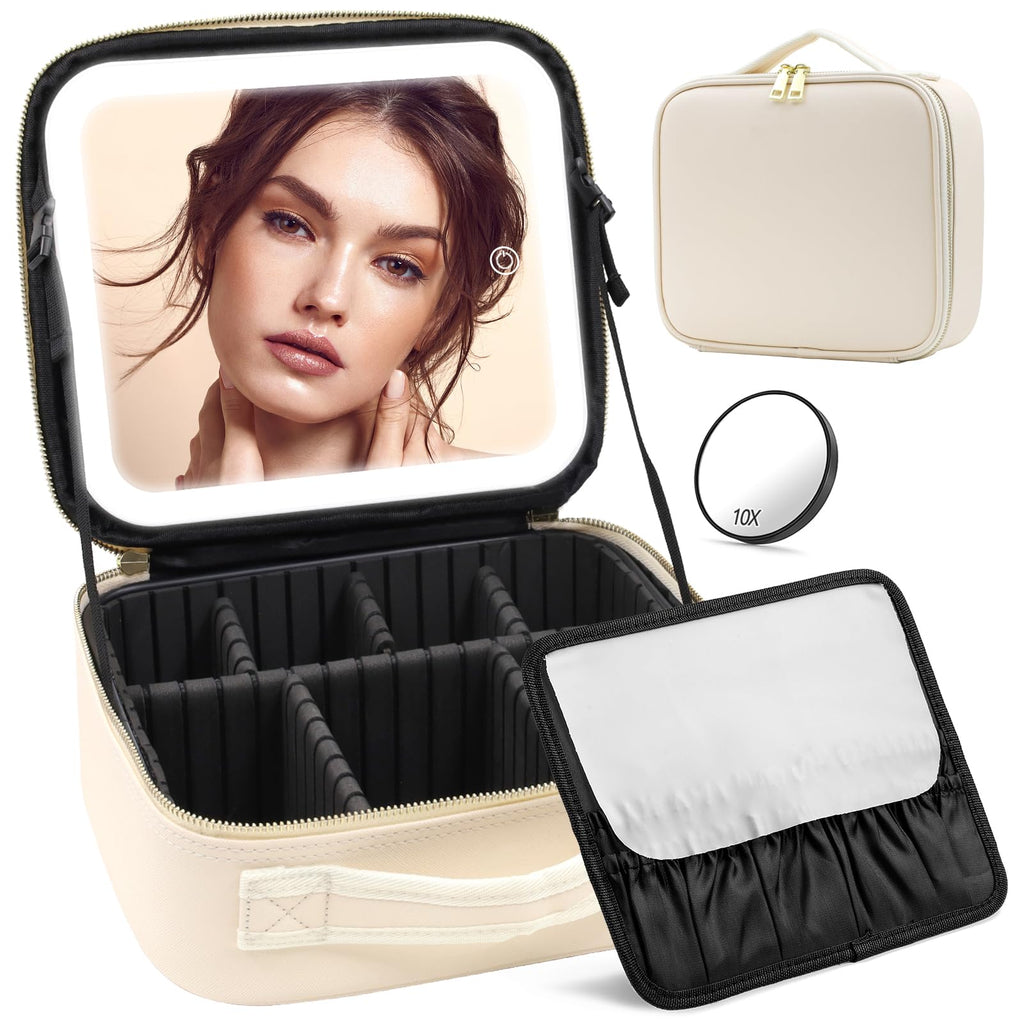 Jadazror Portable Travel Makeup Bag with Lighted Mirror, 3 Color Brightness, Beige