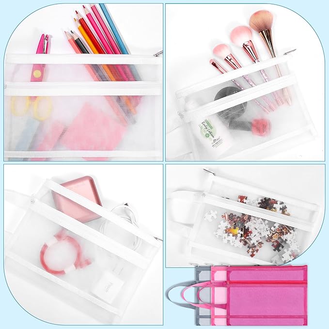 Fassave 6 Pack Mesh Zipper Pouch Bags, Double Layer Nylon Pouch with Handle for Office Travel Organization (White, A5)