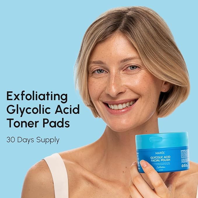 MAREE Glycolic Acid Polishes 2 PACK - Toner Polishes for Face Cleansing - Tea Tree Oil, Salicylic Acid & Vitamins E, B3, B5 - Facial Peel & Radiance Deep Cleaning Effect