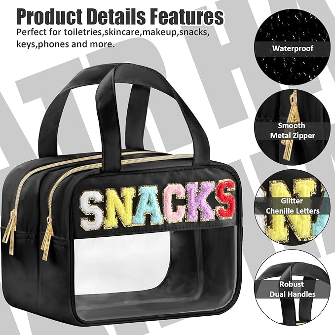 BuyCard Chenille Letter Clear Makeup Bags, Snacks Bag for Travel, Preppy Patch Nylon Cosmetic Bag with Handles and Zipper, Waterproof Large Clear Travel Toiletry Bag Storage Bag for Women Black