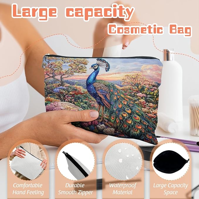 Scribesense Makeup Bag Travel Cosmetic Bags Small Makeup Case Waterproof Zipper Pouch for Women Girls 7X9inches - Peacock in A Dusk - Filled Floral Landscape