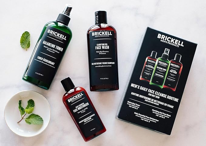 Brickell Men's Daily Face Cleanse Routine for Oily Skin, Alcohol Free Toner, Gel Facial Wash and Moisturizer, With Hyaluronic Acid, Aloe, and Witch Hazel, Unscented