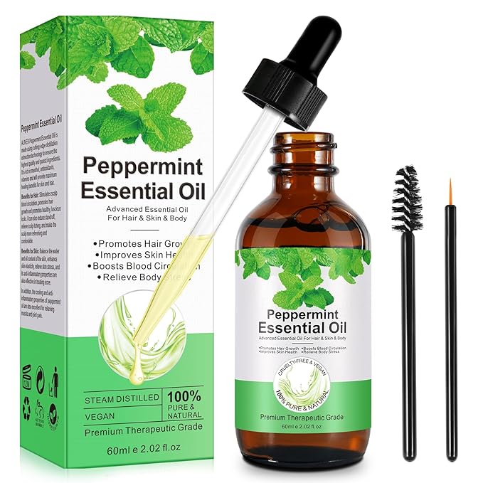 Akeeronn Peppermint Essential Oil 60ml, Natural Peppermint Oil for Hair Growth & Dandruff Removal - Perfect for Aromatherapy, Scalp and Body Massage, Refreshes, 2.02 fl.oz
