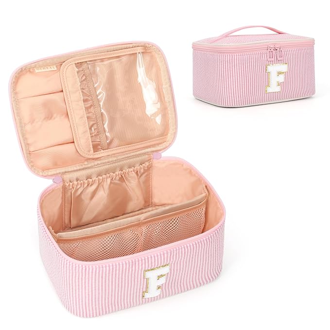 OCHEAL Makeup Bag for Women, Monogram Cosmetic Bag with Brush Holder, Pink Travel Makeup Case Beauty Toiletry Bag Organizer Personalized Gifts for Girls Bridesmaid, Sister, Wife, Friends Initial F