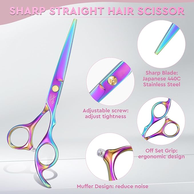 JASON Hair Cutting Scissors Set - 6" Professional Haircut Shears Rainbow