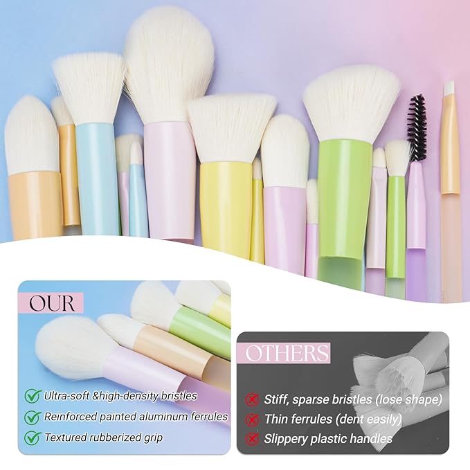 VIVID BEAUTY Makeup Brush Set, 18 Pcs Makeup Brushes with 2 Sponges & Travel Bag, Colorful Make up Brushes for Foundation Powder Blush Blending Eyeshadow, Face & Eye Brush Kit for Beginner