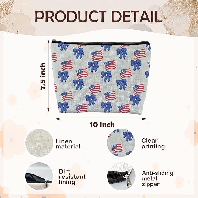 SAFDSGFDB Coquette Blue Bow American Flag Makeup Bag, Red White and Blue Patriotic Cosmetic Bags Gifts for Women, Preppy Girly Portable Travel Toiletry Bag Zipper Makeup Pouch