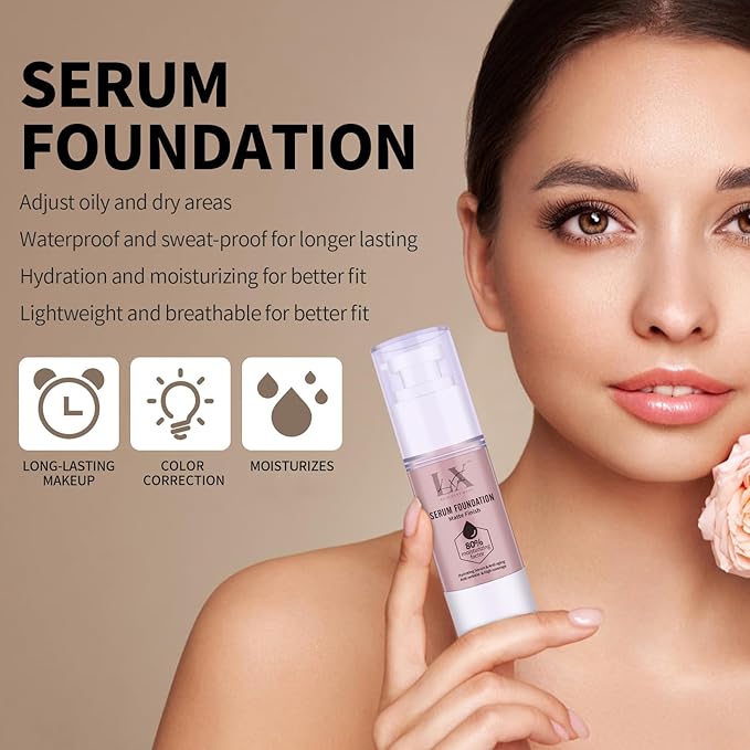 LXSKN Moisturizing Foundation with 1% Hyaluronic acid, Deep Hydration & High Coverage Serum Foundation for A Smooth & Satin Finish, 405 Deep