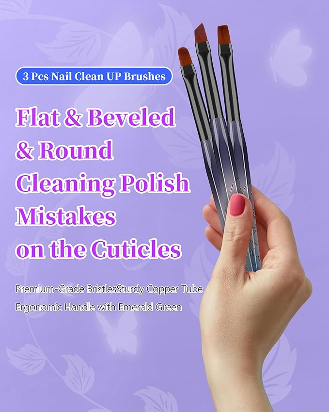 AMilHiTon 3PCS Nail Polish Clean Up Brush, Round/Flat/Angled, Gilded Blue