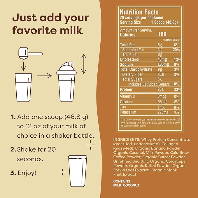 FlavCity All in One Protein Shake Powder, Butter Coffee - 55mg Caffeine + Collagen Peptides, Reishi & Cordyceps - Focus, Skin, Hair & Joint Support - 100% Grass Fed Whey, 20 Servings