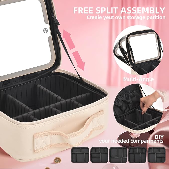 Yaliang Travel Makeup Bag, Portable Makeup Case with LED Mirror, Removable Mirror with 3 Color Modes, 8 Adjustable EVA Dividers for Brushes Toiletry Jewelry Digital Accessories, Off White