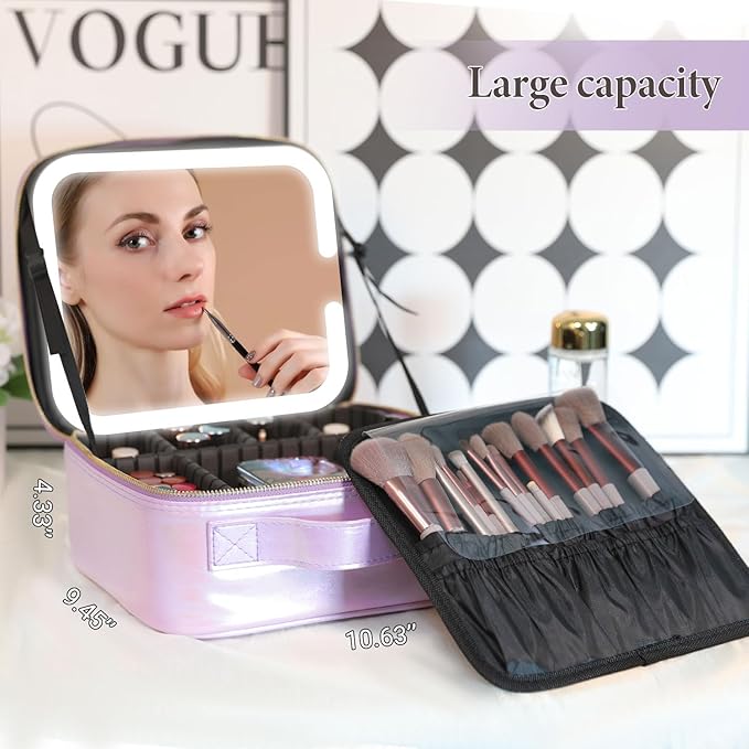 Behaesty Travel Makeup Bag with LED Lighted Mirror, Cosmetic Makeup Organizer Bag with 3 Color Setting, Makeup Train Case with Adjustable Dividers for Women Makeup Brushes Jewelry Accessories