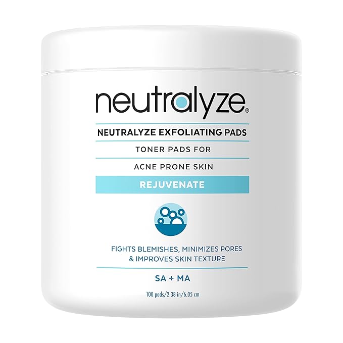 Neutralyze Acne Pads with DuoClear Acid System — 1% Salicylic + 1% Mandelic Dual-Textured Exfoliating Toner Pads for Face, Back & Body — Fragrance-Free, Low-Alcohol — Step 2 (100 ct)