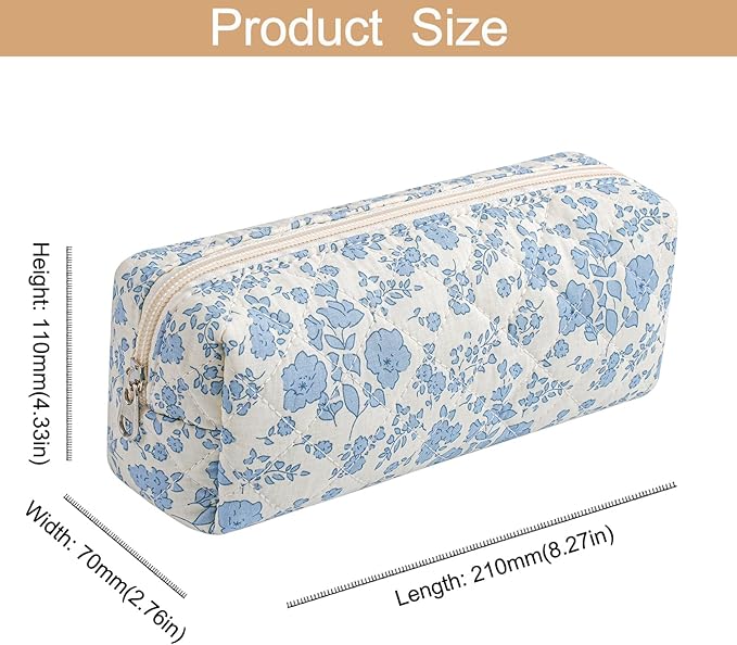 Cute Floral Cotton Makeup Brush Cosmetic Bag for Women, Travel Quilted Zipper Make Up Bag, Flowers Toiletry Organizer Case Kawaii Makeup Cosmetic Travel Cloth Pouch (Blue+Pink Bowknot)